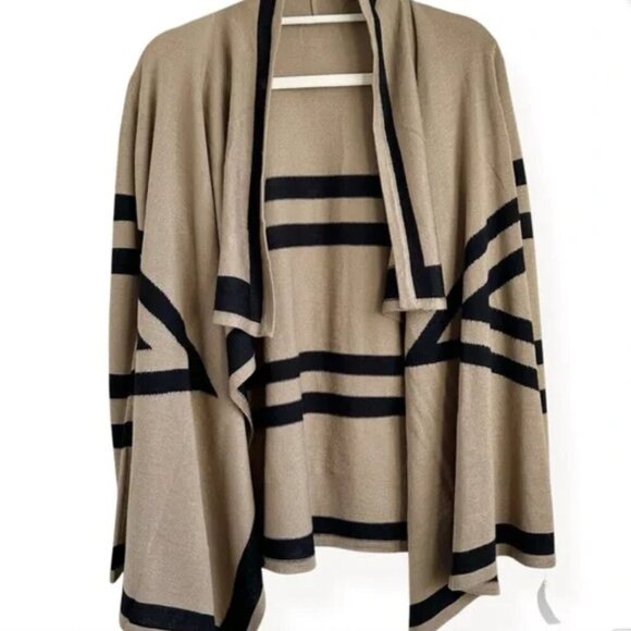 NWT Knit Taupe & Black Striped Long Sleeve Open Front Relaxed Cardigan Sweater S - Picture 4 of 6